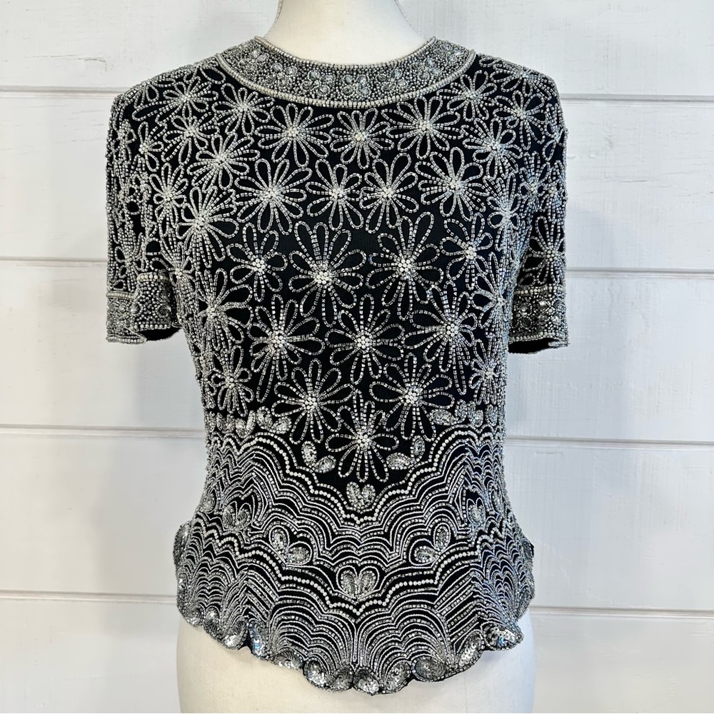 Vintage | Papell Boutique Evening 100% Silk Blouse Black Sequins Flowers Sz Med